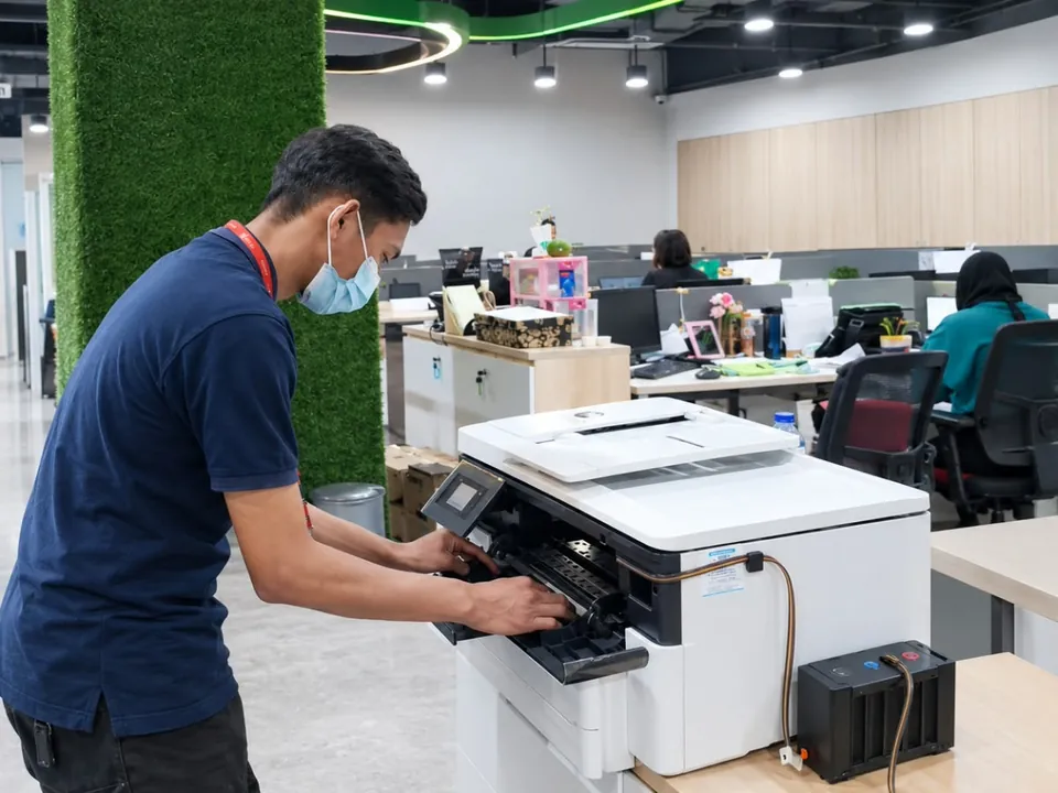 Teknisi Officebox merawat printer di kantor klien