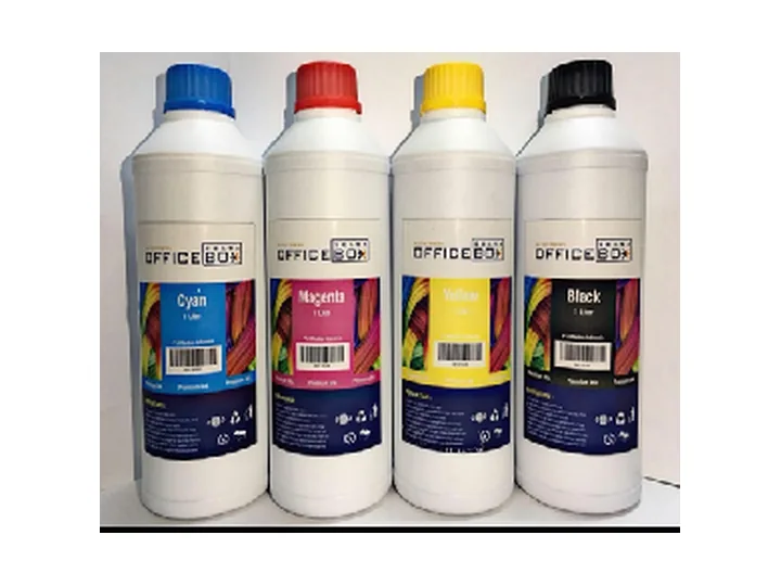 Empat botol besar tinta Officebox warna cyan, magenta, yellow, dan black
